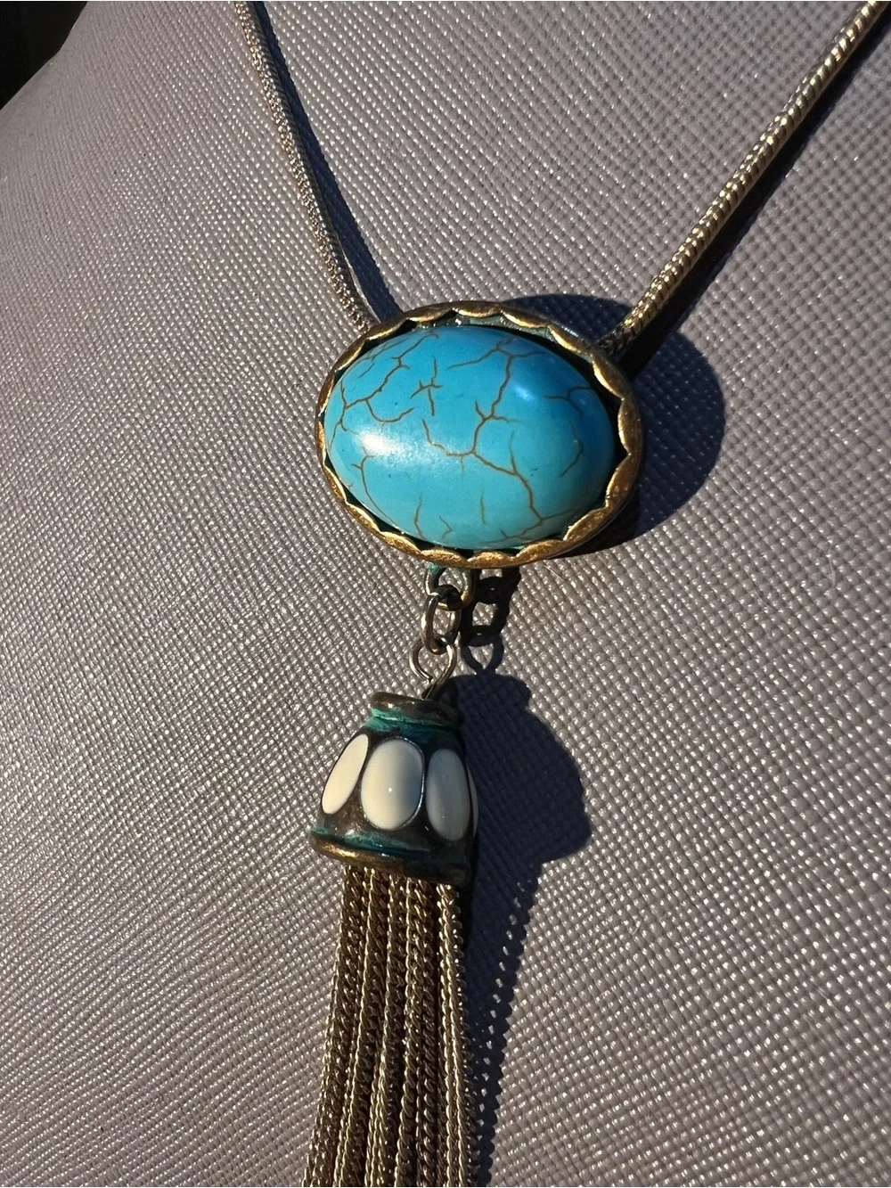 Boho Vintage Turquoise Stone Tassel Pendant Necklace -very cool